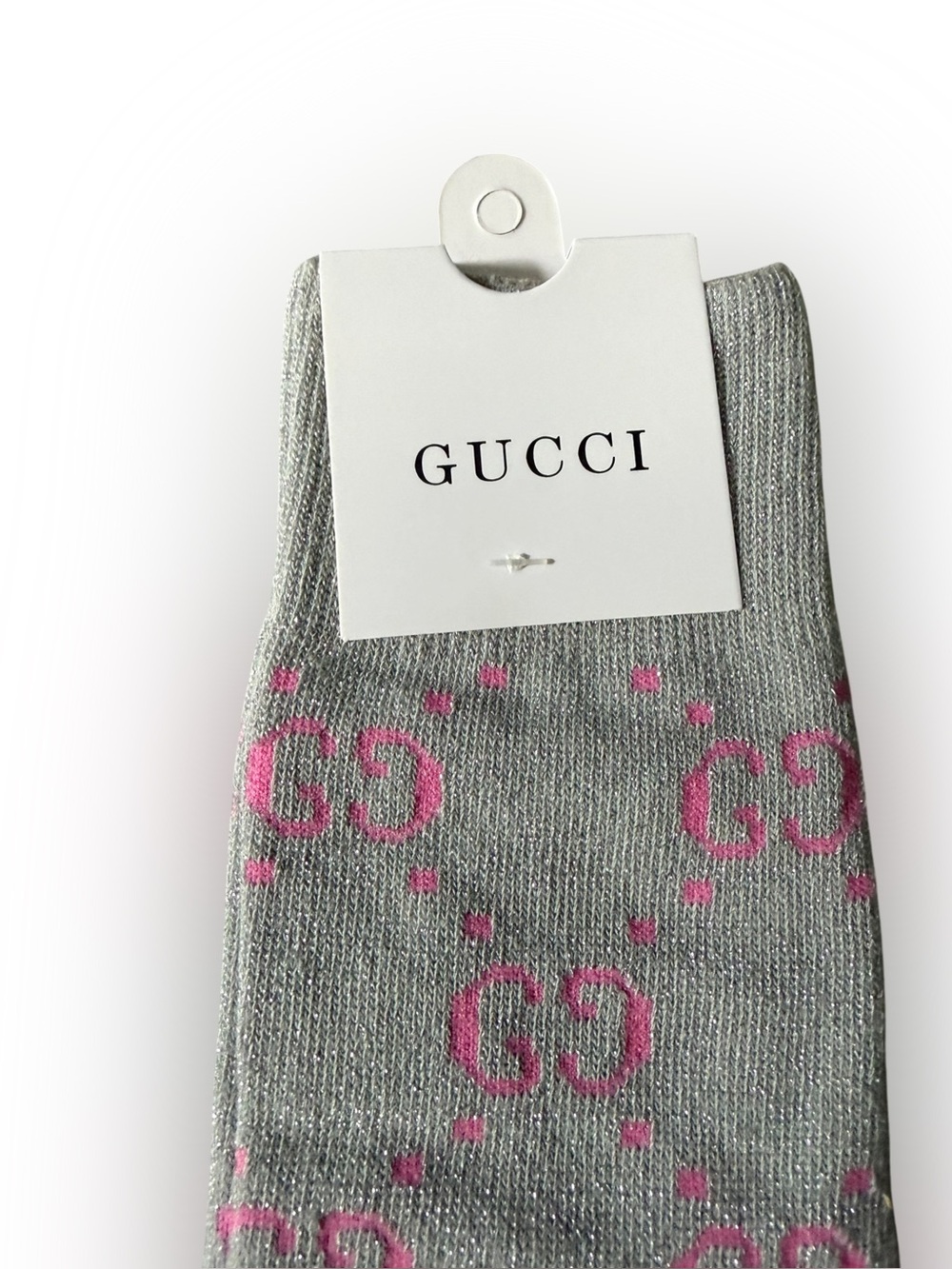 2 Pair Gucci Outlet GG Monogram Socks. 1 Knee High & 1 Crew— Pink & Gray - Picture 2 of 5